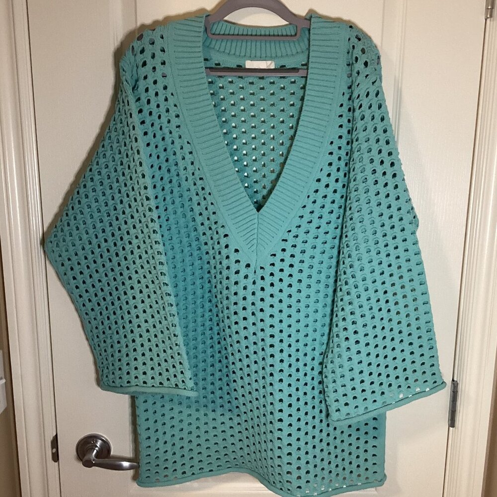 H&M Aqua Blue Women's Open Knit Plunge Neck Oversize Stretch Coverup Dress